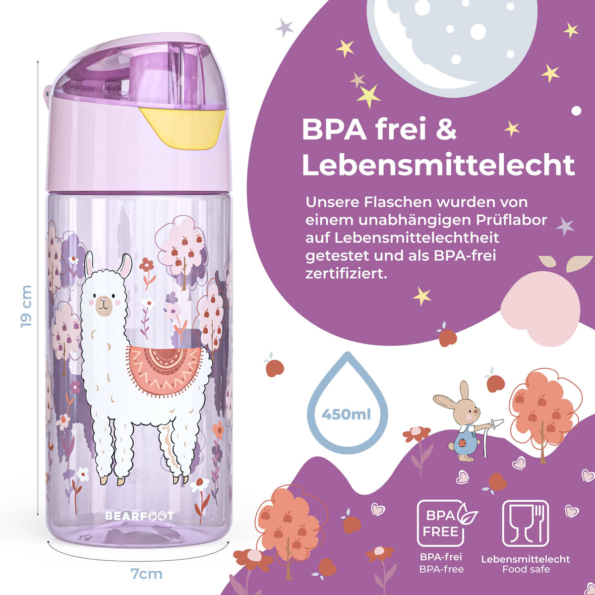 BEARFOOT Leichte Trinkflasche mit Griff und einfacher Öffnung – 450 ml – Lama – Kunststoff-Trinkflasche – MamaMilla