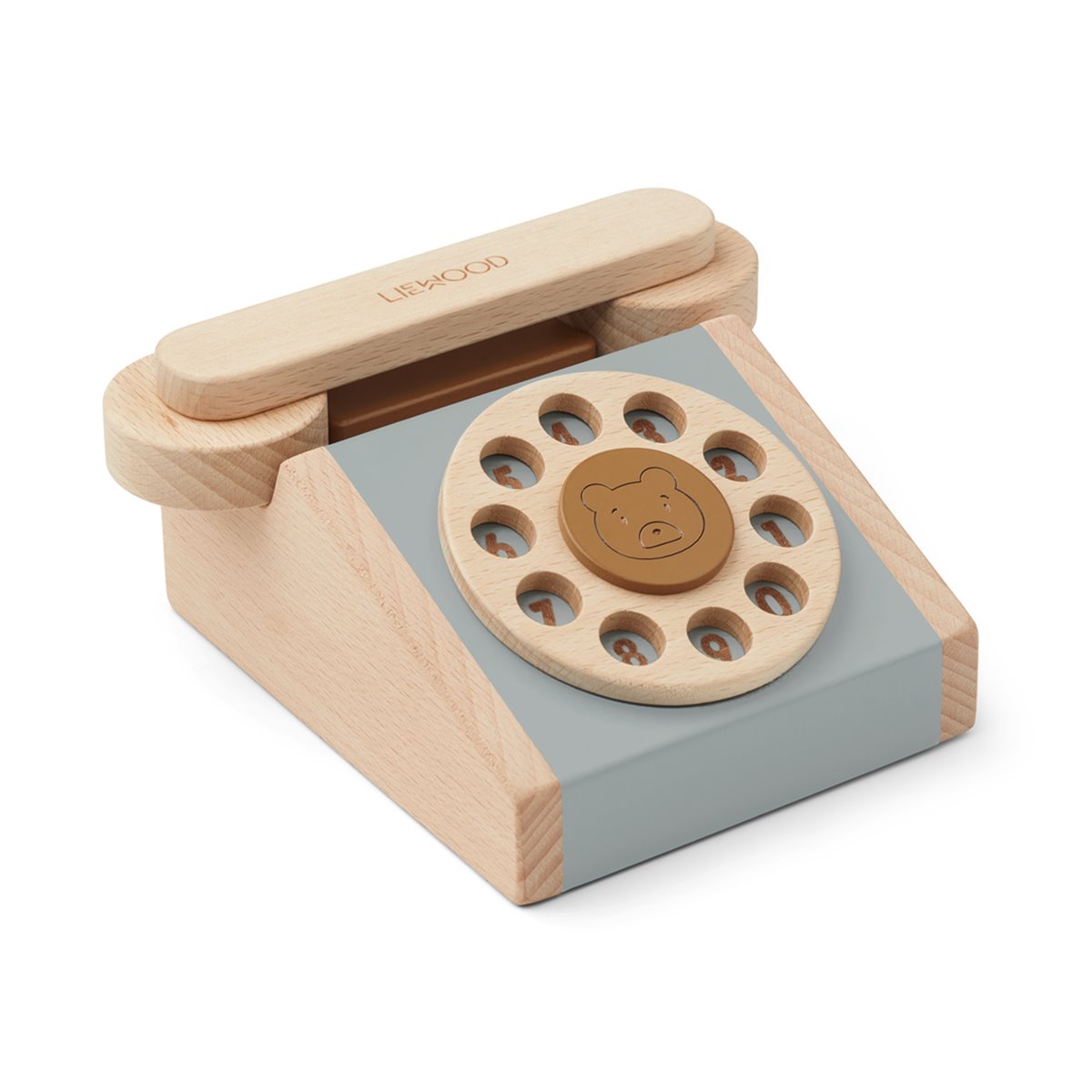 Liewood Selma klassisk trætelefon Blue Fog Multi Mix set fra siden
