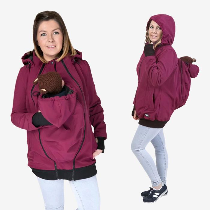 Fun2bemum 4in1 Softshell-Trage- und Schwangerschaftsjacke auch zum Tragen auf dem Rücken – Pflaumenfarben – Tragejacke – MamaMilla
