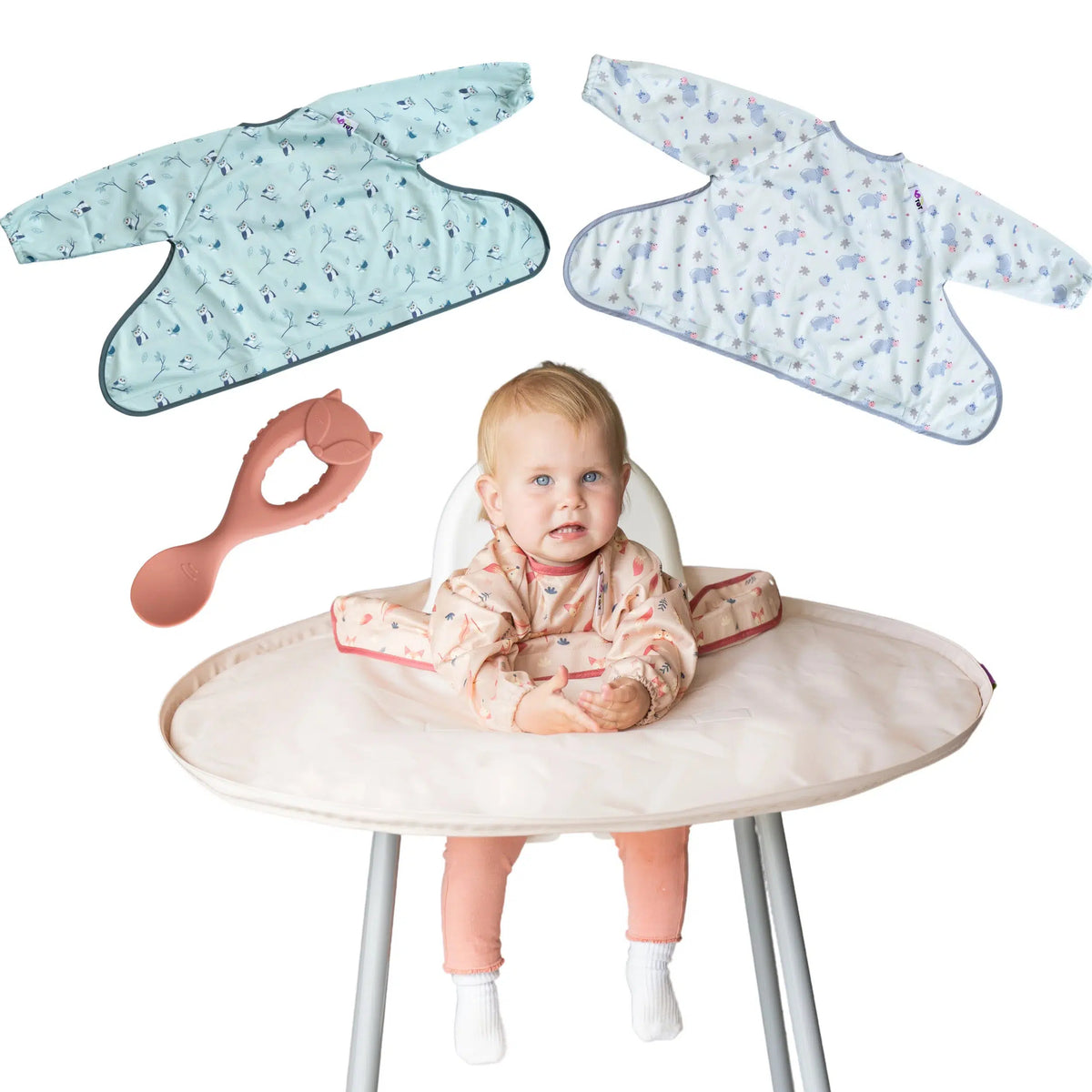 Tidy Tot Lätzchen, Tablett und Löffel – SET – Sand – Lätzchen mit Ärmeln – MamaMilla