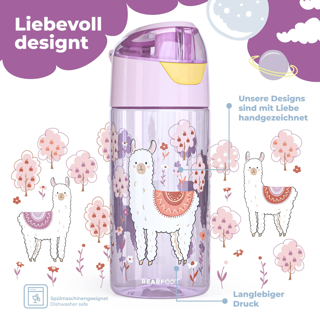 BEARFOOT Leichte Trinkflasche mit Griff und einfacher Öffnung – 450 ml – Lama – Kunststoff-Trinkflasche – MamaMilla