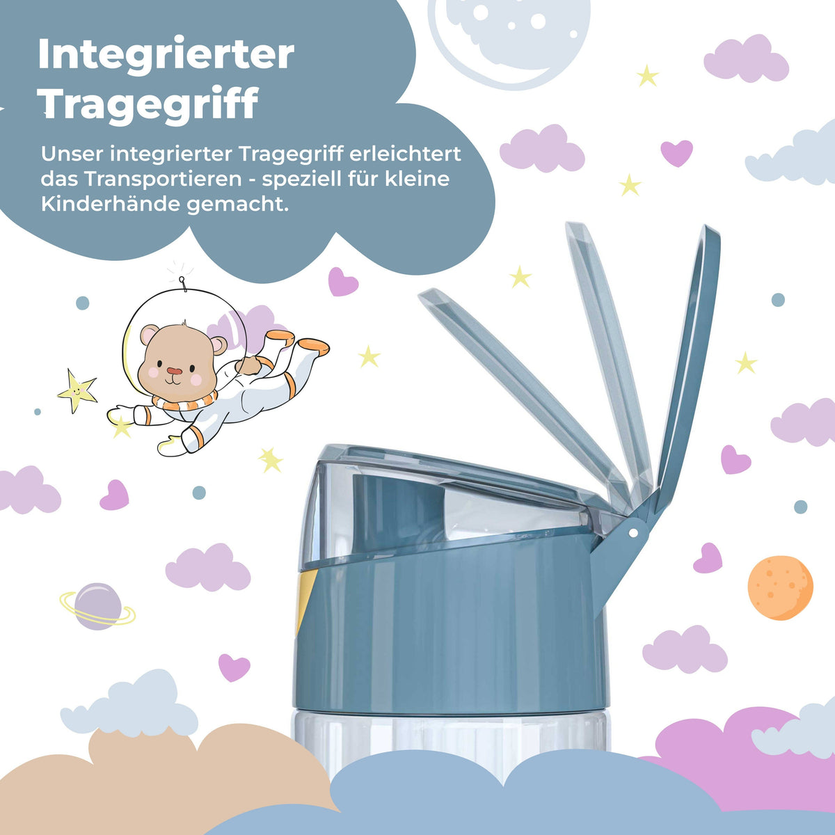 BEARFOOT Leichte Trinkflasche mit Griff und einfacher Öffnung – 450 ml – Astronautenbär – Kunststoff-Trinkflasche – MamaMilla