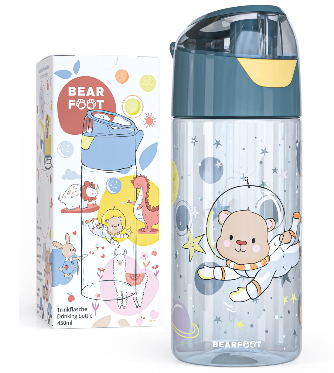 BEARFOOT Leichte Trinkflasche mit Griff und einfacher Öffnung – 450 ml – Astronautenbär – Kunststoff-Trinkflasche – MamaMilla