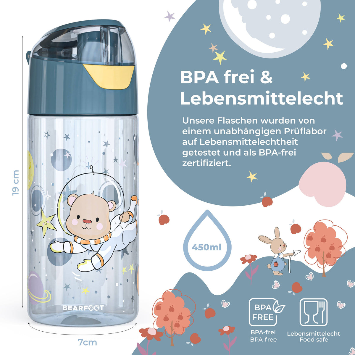 BEARFOOT Leichte Trinkflasche mit Griff und einfacher Öffnung – 450 ml – Astronautenbär – Kunststoff-Trinkflasche – MamaMilla