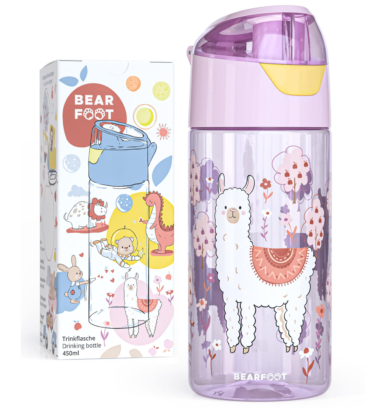 BEARFOOT Leichte Trinkflasche mit Griff und einfacher Öffnung – 450 ml – Lama – Kunststoff-Trinkflasche – MamaMilla
