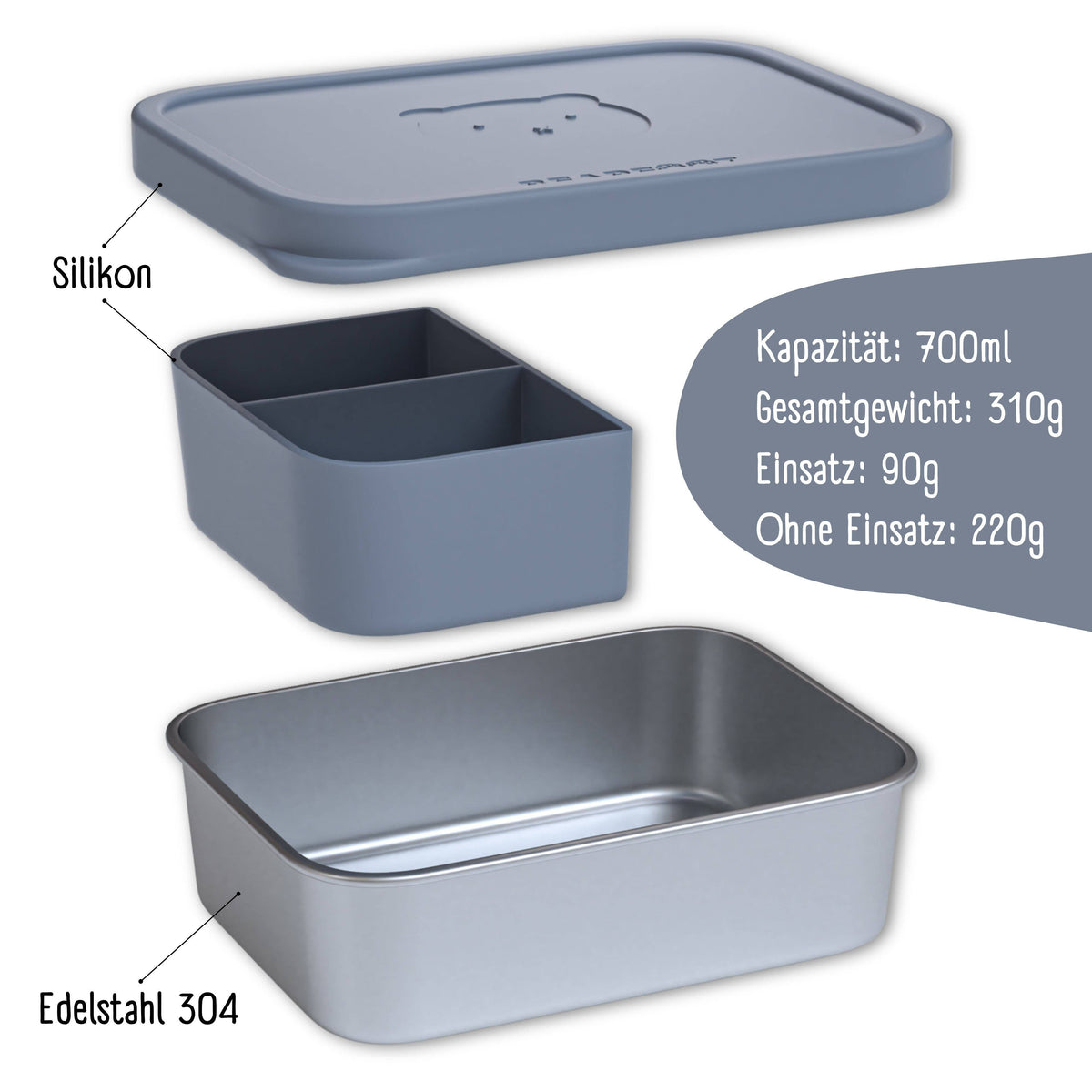 BEARFOOT Lunchbox aus Bento-Stahl mit 4/6 Fächern (verstellbar) – Blau: 700 ml – Lunchbox – MamaMilla