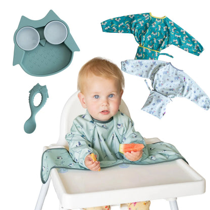 Tidy Tot Lätzchen, Teller und Löffel – SET – Eule – Lätzchen mit Ärmeln – MamaMilla