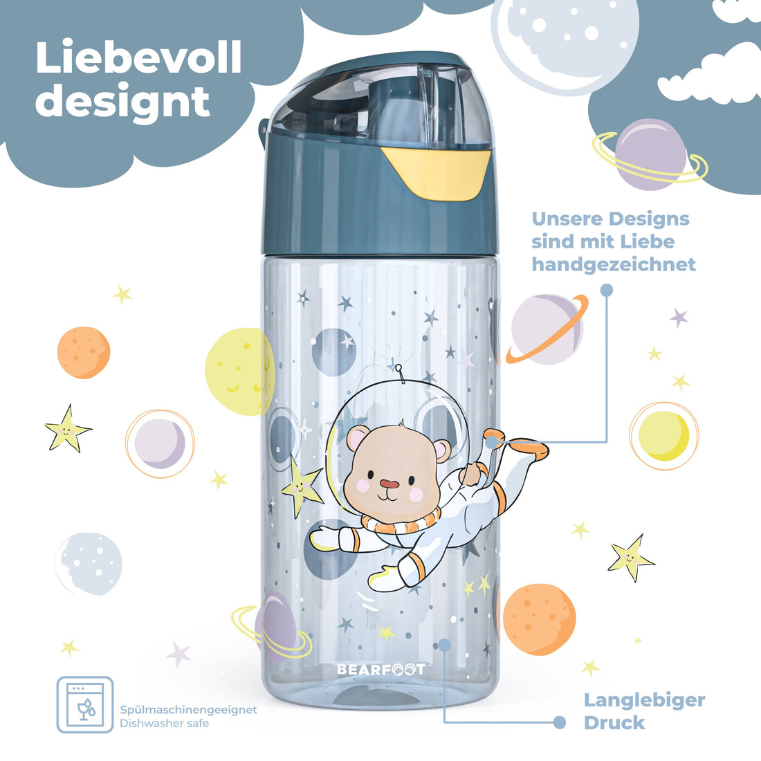 BEARFOOT Leichte Trinkflasche mit Griff und einfacher Öffnung – 450 ml – Astronautenbär – Kunststoff-Trinkflasche – MamaMilla