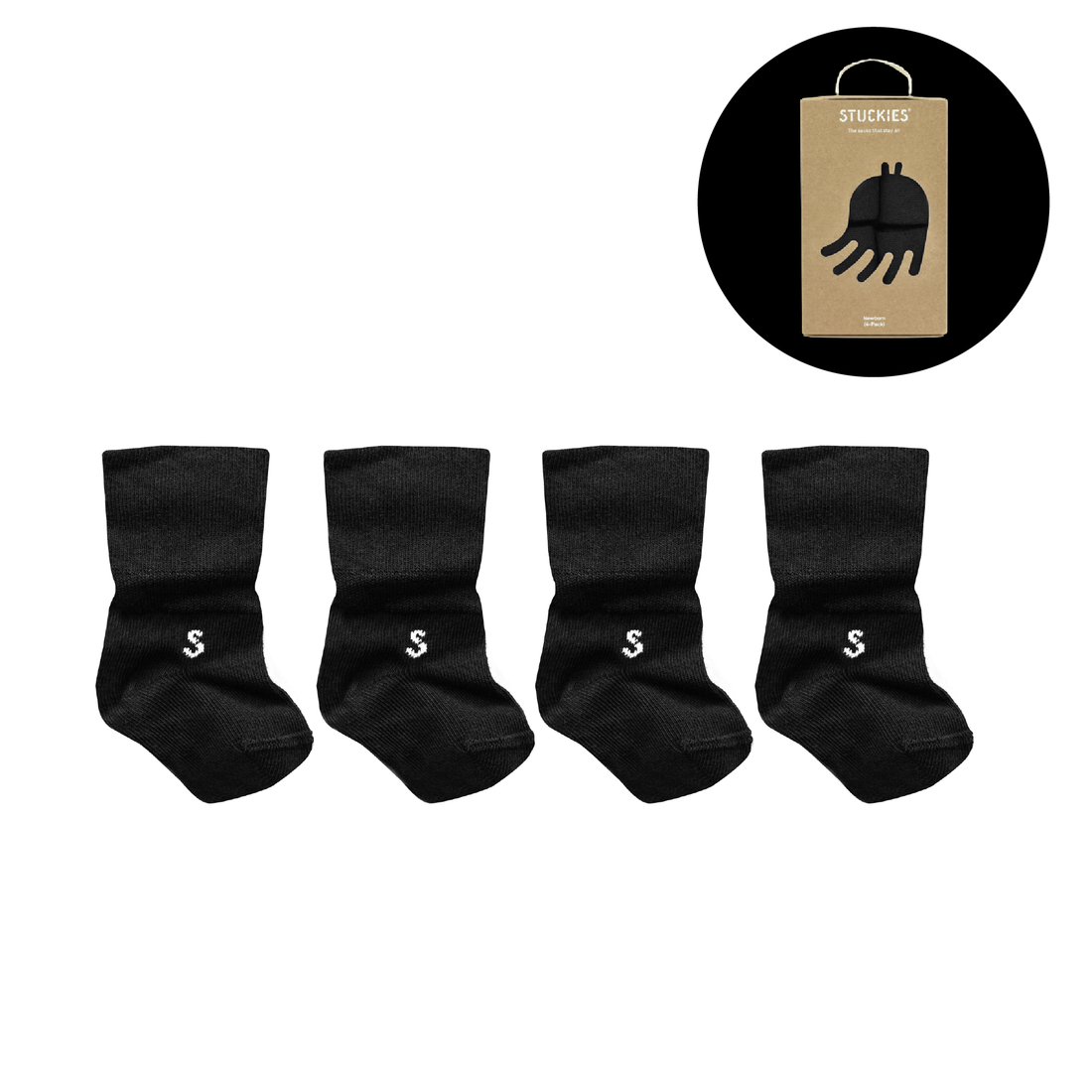 STUCKIES-Socken für Neugeborene mit nahtloser Spitze und „Stay on“ – 4er-Pack – Schwarz – Socken – MamaMilla