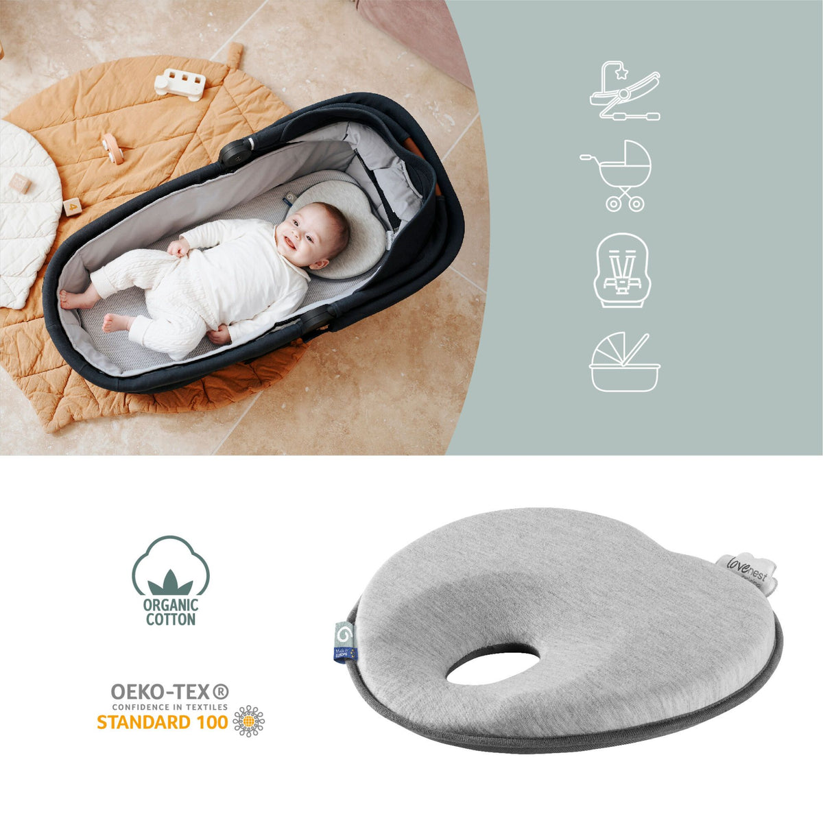Babymoov Ergonomisches Babykissen (Lovenest) – Grau (0–4 m) – Baby-Kopfkissen – MamaMilla