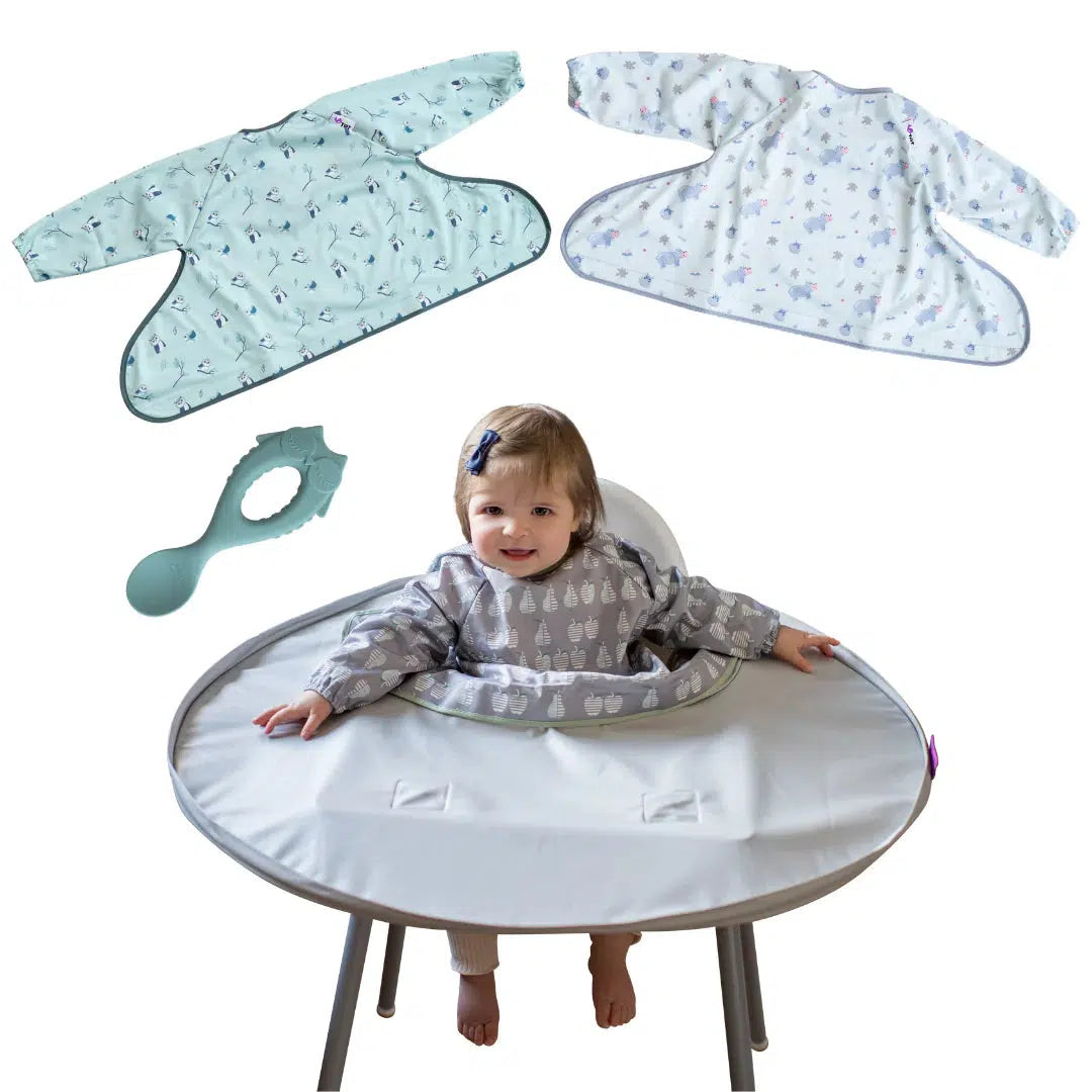 Tidy Tot Lätzchen, Tablett und Löffel – SET – Grau – Lätzchen mit Ärmeln – MamaMilla