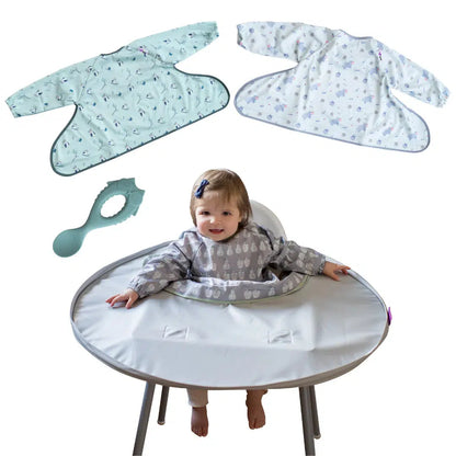 Tidy Tot Lätzchen, Tablett und Löffel – SET – Grau – Lätzchen mit Ärmeln – MamaMilla