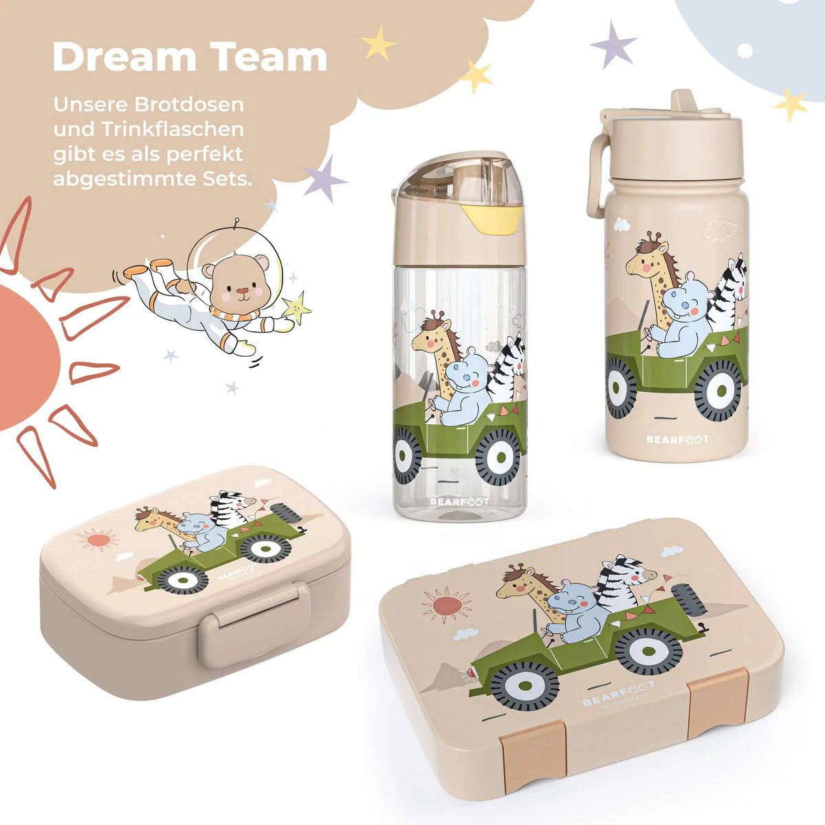 BEARFOOT Leichte Trinkflasche mit Griff und einfacher Öffnung – 450 ml – Safari Friends – Kunststoff-Trinkflasche – MamaMilla