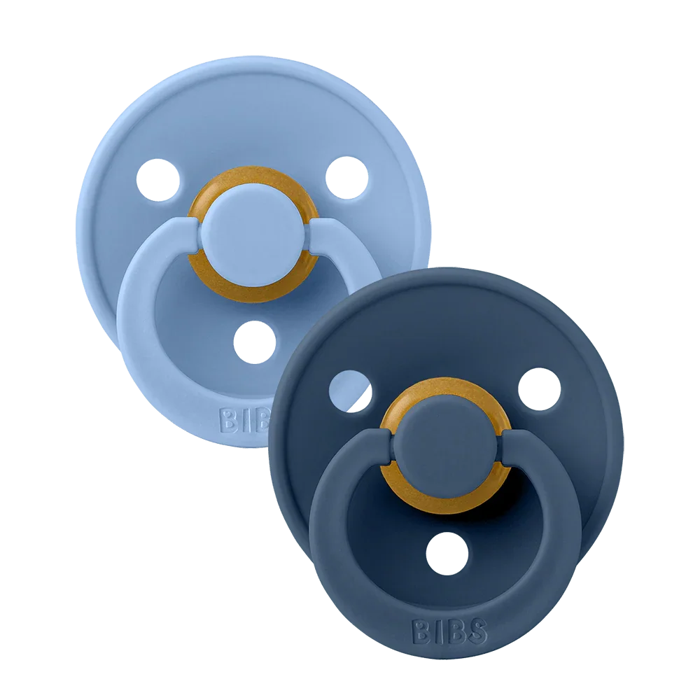 BIBS Color runder Schnuller Größe 2, Latex – Sky Blue/Steel Blue (2er-Pack) – MamaMilla