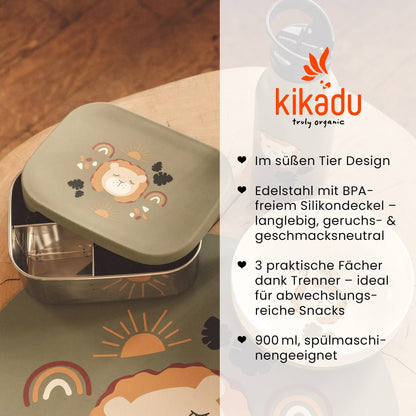 Kikadu Madkasse til Børn - Rustfri Stål - 3 Rum - Oliven Løve
