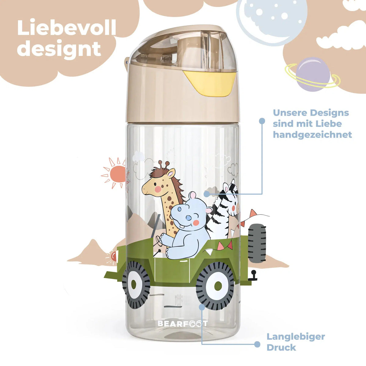BEARFOOT Leichte Trinkflasche mit Griff und einfacher Öffnung – 450 ml – Safari Friends – Kunststoff-Trinkflasche – MamaMilla