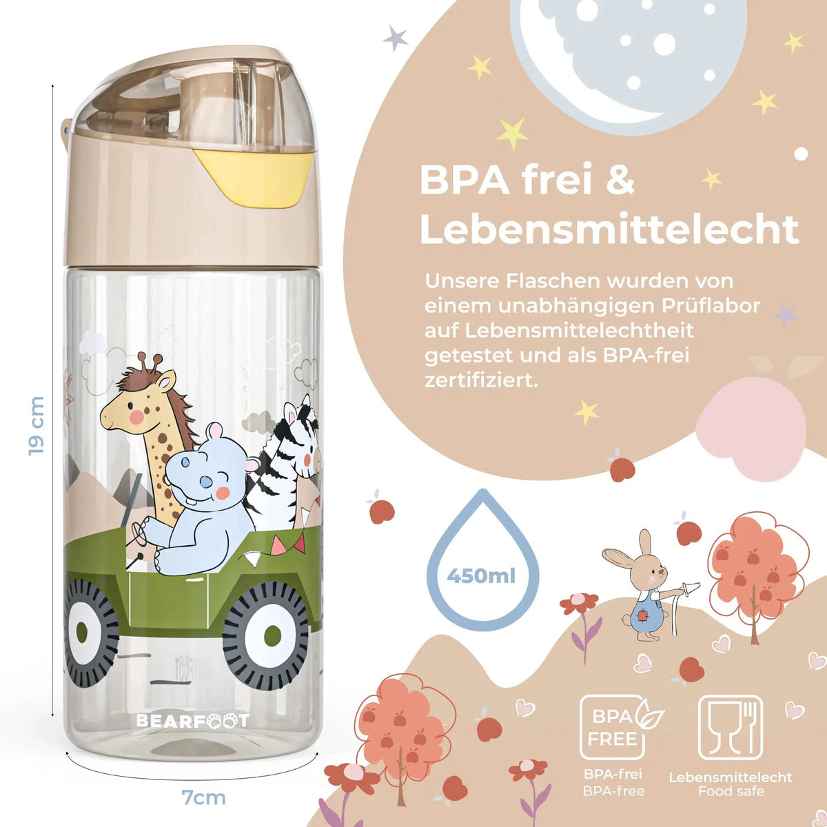 BEARFOOT Leichte Trinkflasche mit Griff und einfacher Öffnung – 450 ml – Safari Friends – Kunststoff-Trinkflasche – MamaMilla