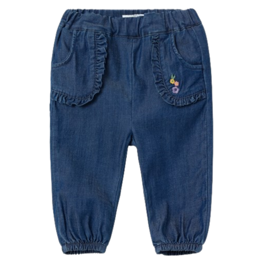 Nennen Sie es weiche Baggy-Jeans mit Rüschen/Stickerei – Bella – Dark Blue Denim – Hosen – MamaMilla