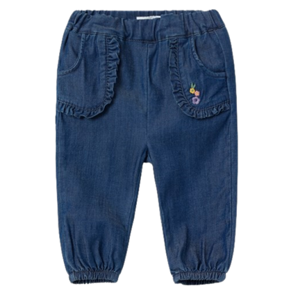 Nennen Sie es weiche Baggy-Jeans mit Rüschen/Stickerei – Bella – Dark Blue Denim – Hosen – MamaMilla